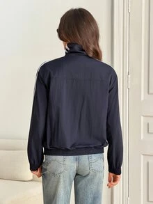 SHEIN Tall Contrast White And Navy Side Zip Up Frog Button Jacket Everyday Going Out Fall Streetwear Baggy Athletic Women's Travel Outfit Tall - Navy Blue - View 2
