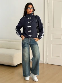 SHEIN Tall Contrast White And Navy Side Zip Up Frog Button Jacket Everyday Going Out Fall Streetwear Baggy Athletic Women's Travel Outfit Tall - Navy Blue - View 4