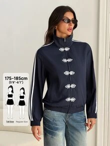 SHEIN Tall Contrast White And Navy Side Zip Up Frog Button Jacket Everyday Going Out Fall Streetwear Baggy Athletic Women's Travel Outfit Tall - Navy Blue - View 9