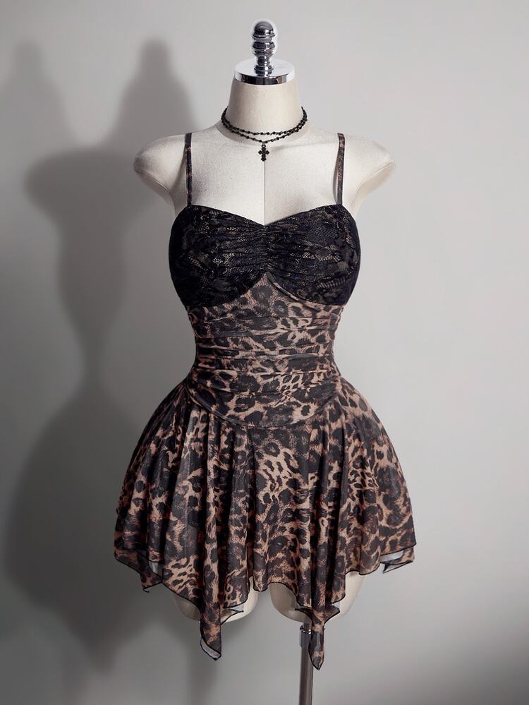 SHEIN ICON Vestido de malla talla grande estilo retro gótico millennial Y2K con encaje negro, patchwork, estampado de leopardo marrón, bajo irregular, para Halloween, club, salir de noche y verano - Negro - Añade 3