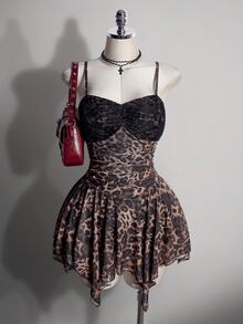 SHEIN ICON 大尺碼復古哥德風千禧Y2K黑色蕾絲拼接棕色豹紋不規則下擺網紗洋裝，萬聖節夜店外出夏季穿搭 - 黑色 - 查看 9