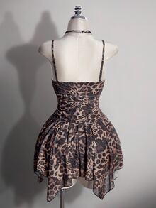 SHEIN ICON 大尺碼復古哥德風千禧Y2K黑色蕾絲拼接棕色豹紋不規則下擺網紗洋裝，萬聖節夜店外出夏季穿搭 - 黑色 - 查看 2