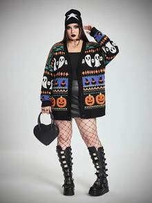 SHEIN CURVE+ Women Plus Size Pumpkin Color Pattern Casual Loose Knit Cardigan Open Front Autumn Winter Halloween - Multicolor - View 4