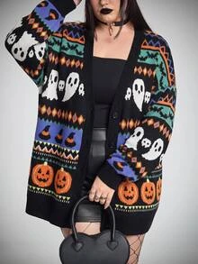 SHEIN CURVE+ Women Plus Size Pumpkin Color Pattern Casual Loose Knit Cardigan Open Front Autumn Winter Halloween - Multicolor - View 2