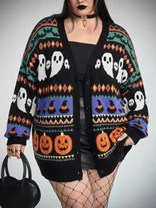 SHEIN CURVE+ Women Plus Size Pumpkin Color Pattern Casual Loose Knit Cardigan Open Front Autumn Winter Halloween - Multicolor - View 3