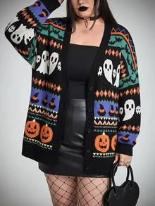 SHEIN CURVE+ Women Plus Size Pumpkin Color Pattern Casual Loose Knit Cardigan Open Front Autumn Winter Halloween - Multicolor - View 1
