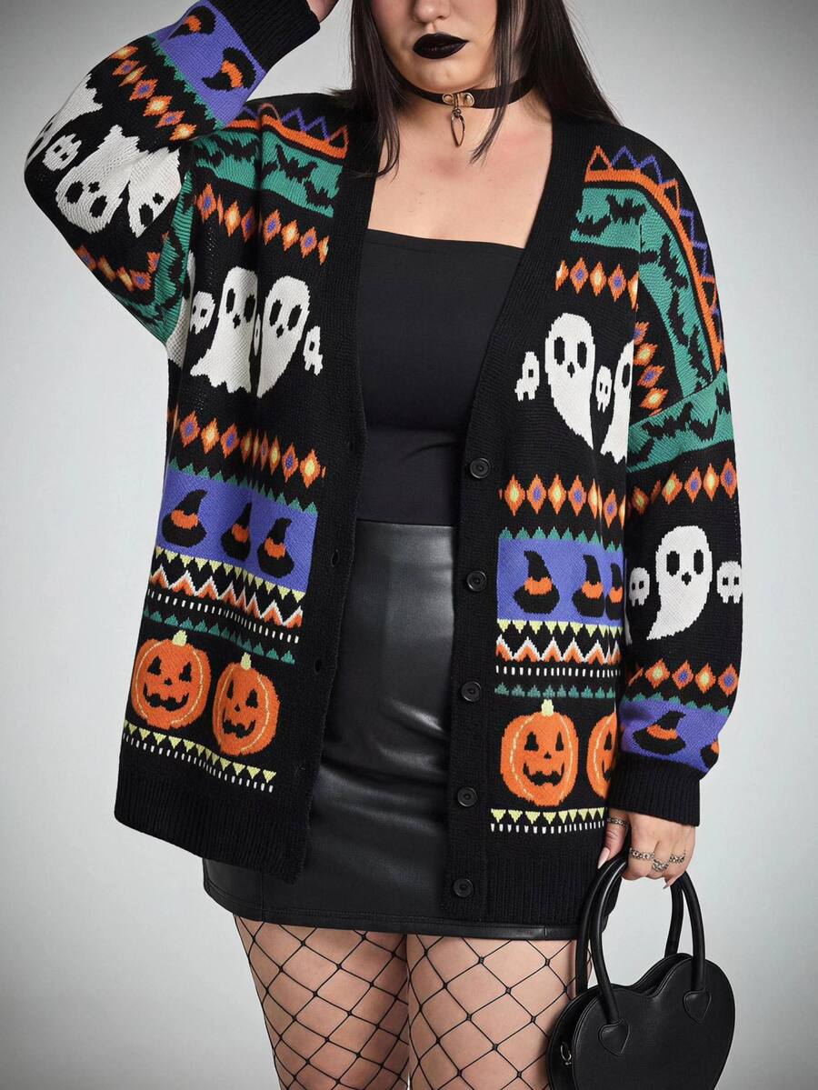 SHEIN CURVE+ Women Plus Size Pumpkin Color Pattern Casual Loose Knit Cardigan Open Front Autumn Winter Halloween - Multicolor - View 1