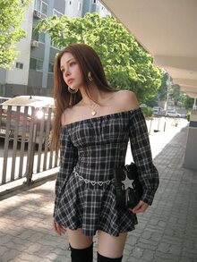 Sweetina Casual Preppy Style Off Shoulder Lantern Sleeve Mini Dress - Grey - View 7
