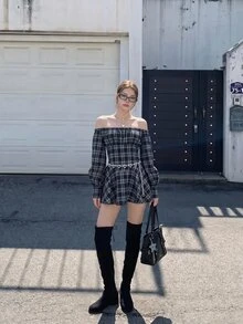 Sweetina Casual Preppy Style Off Shoulder Lantern Sleeve Mini Dress - Grey - View 3