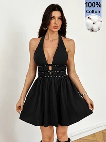 SHEIN Tall Plunging Neck Backless Halter Dress Halloween Party Night Club Black Summer - Black - View 3