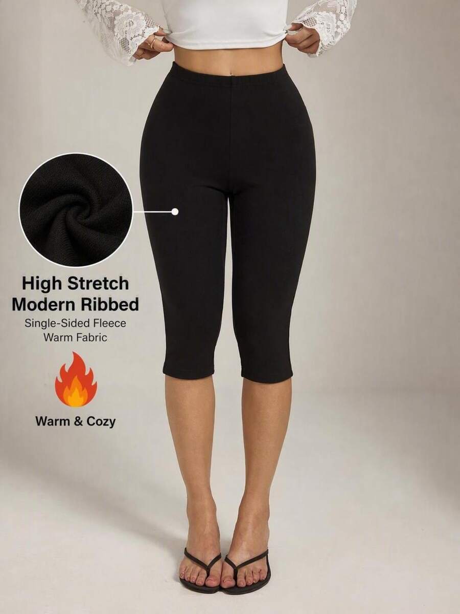 SHEIN PETITE Women's Solid Color Casual Versatile Daily Wear Tight Leggings - Black - View 1