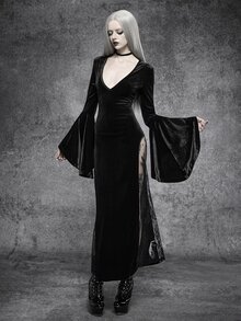Cryptelle Gaun Panjang Beludru Renda Hitam Berkerah V Dalam Gaya Gotik Seksi Musim Gugur/Gothic, Pakaian Halloween untuk Malam Keluar - Hitam - View 6