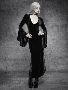 Cryptelle Gaun Panjang Beludru Renda Hitam Berkerah V Dalam Gaya Gotik Seksi Musim Gugur/Gothic, Pakaian Halloween untuk Malam Keluar - Hitam - View 3