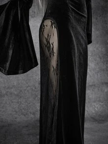 Cryptelle Gaun Panjang Beludru Renda Hitam Berkerah V Dalam Gaya Gotik Seksi Musim Gugur/Gothic, Pakaian Halloween untuk Malam Keluar - Hitam - View 7