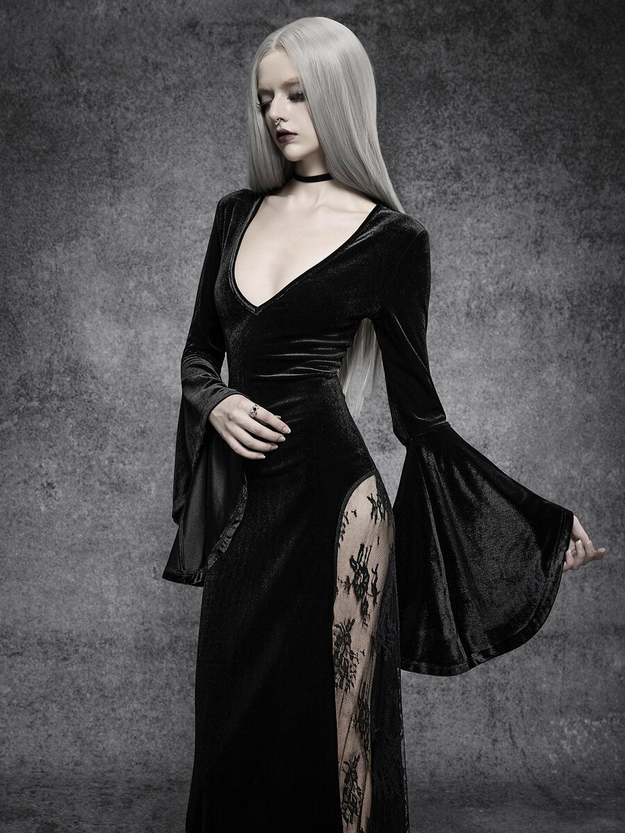 Cryptelle Gaun Panjang Beludru Renda Hitam Berkerah V Dalam Gaya Gotik Seksi Musim Gugur/Gothic, Pakaian Halloween untuk Malam Keluar - Hitam - View 1