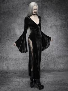 Cryptelle Gaun Panjang Beludru Renda Hitam Berkerah V Dalam Gaya Gotik Seksi Musim Gugur/Gothic, Pakaian Halloween untuk Malam Keluar - Hitam - View 5