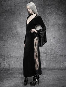 Cryptelle Gaun Panjang Beludru Renda Hitam Berkerah V Dalam Gaya Gotik Seksi Musim Gugur/Gothic, Pakaian Halloween untuk Malam Keluar - Hitam - View 4