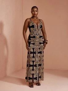 JIAN LASALA Women Multicolor All Over Print Mesh Backless Sexy Spaghetti Strap Sleeveless Women Plus Size Dress - Multicolor - View 6