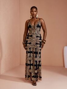 JIAN LASALA Women Multicolor All Over Print Mesh Backless Sexy Spaghetti Strap Sleeveless Women Plus Size Dress - Multicolor - View 2
