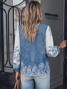LanaWest Contrast Lace Collar Blue Base White Rose Print Petal Sleeve Blouse For Daily, Vacation, Casual, Commute And Date Wear - Blue - View 3