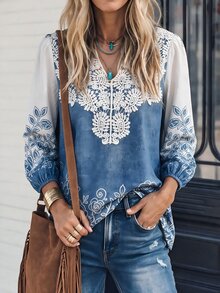 LanaWest Contrast Lace Collar Blue Base White Rose Print Petal Sleeve Blouse For Daily, Vacation, Casual, Commute And Date Wear - Blue - View 2