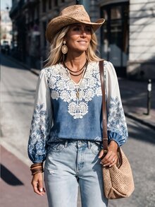 LanaWest Contrast Lace Collar Blue Base White Rose Print Petal Sleeve Blouse For Daily, Vacation, Casual, Commute And Date Wear - Blue - View 1