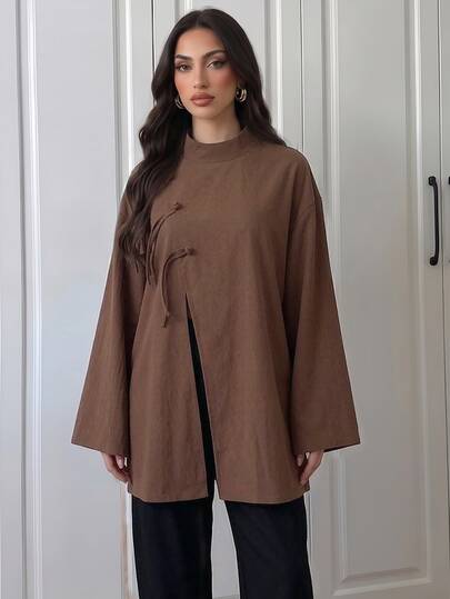 Duskaine Women's Early Autumn New Cotton Fashion Elegant Minimalist Slouchy Atmospheric Outfit Daily Gathering Holiday Wear Daily Travel Casual Commute Versatile Frog Button Decor Slit Design Brown Stand Collar Loose Flare Long Sleeve Shirt Top