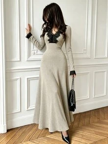 Elenzga Oat Milk Coffee French Lace V-Neck Fuzzy Ribbed Knit Long Sleeve Slim Fit Flattering Long Bodycon Mermaid Dress For Women - Multicolor - View 6