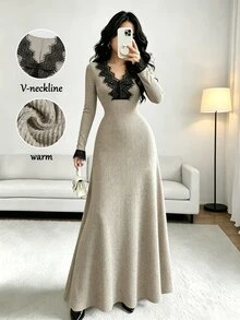 Elenzga Oat Milk Coffee French Lace V-Neck Fuzzy Ribbed Knit Long Sleeve Slim Fit Flattering Long Bodycon Mermaid Dress For Women - Multicolor - View 5