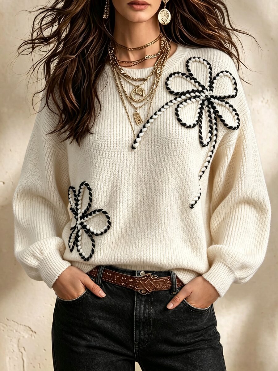 Breezaya Sweater Kasual Wanita Musim Gugur/Dingin dengan Dekorasi Bunga 3D - Aprikot - View 1