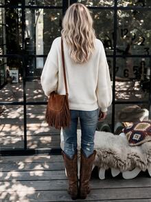 Breezaya Sweater Kasual Wanita Musim Gugur/Dingin dengan Dekorasi Bunga 3D - Aprikot - View 3