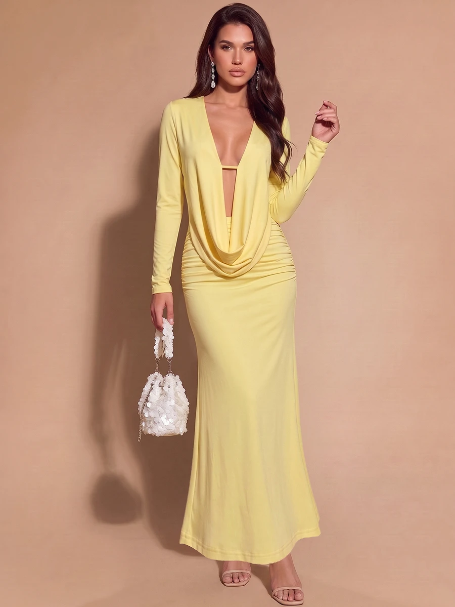 Bluhae New European & American Sexy Draped Neck Draped Top & Bodycon Long Skirt 2 Pieces Set - Light Yellow - View 1