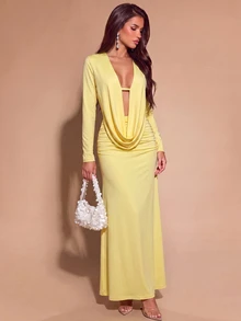 Bluhae New European & American Sexy Draped Neck Draped Top & Bodycon Long Skirt 2 Pieces Set - Light Yellow - View 3