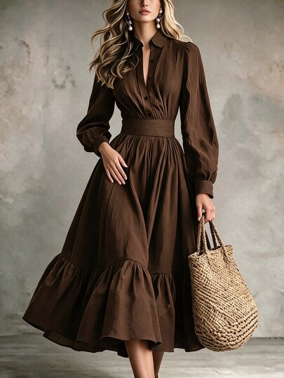 Balvessa Vestido de noche elegante para mujer con manga de pétalo marrón, cintura fruncida y falda completa, diseño de cintura fruncida, nuevo para otoño/invierno
