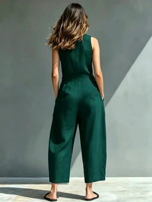 Hotletica Jumpsuit Wanita Tanpa Lengan Kasual Premium Fashion untuk Perjalanan Sehari-hari dengan Kancing Setengah Plaket Warna Polos - Hijau - View 2