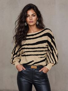 LUMIGAL Sweater Lengan Panjang Motif Garis Kasual untuk Wanita - MultiWarna - View 3