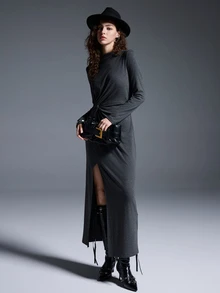 MYSTAURA Women's Solid Color Minimalist Long Sleeve Dress, Casual Everyday Wear - Dark Grey - View 1