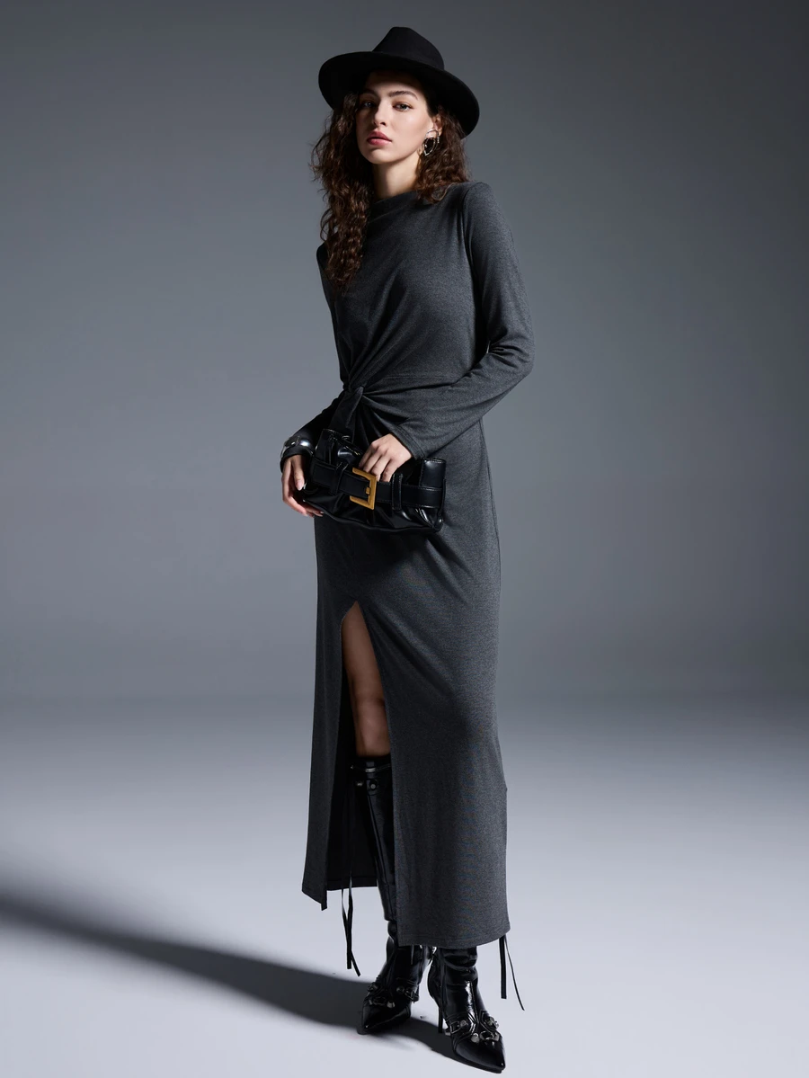 MYSTAURA Women's Solid Color Minimalist Long Sleeve Dress, Casual Everyday Wear - Dark Grey - View 1