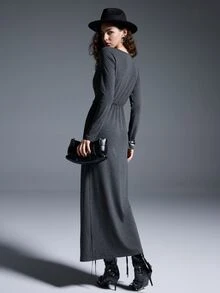 MYSTAURA Women's Solid Color Minimalist Long Sleeve Dress, Casual Everyday Wear - Dark Grey - View 2