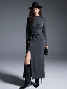 MYSTAURA Women's Solid Color Minimalist Long Sleeve Dress, Casual Everyday Wear - Dark Grey - View 3
