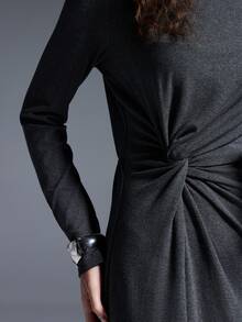 MYSTAURA Women's Solid Color Minimalist Long Sleeve Dress, Casual Everyday Wear - Dark Grey - View 5