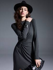MYSTAURA Women's Solid Color Minimalist Long Sleeve Dress, Casual Everyday Wear - Dark Grey - View 6