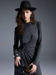 MYSTAURA Women's Solid Color Minimalist Long Sleeve Dress, Casual Everyday Wear - Dark Grey - View 4