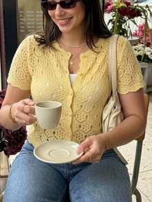 Cévolie Plus Size Women Solid Color Casual Versatile Daily Wear Knit Top - Light Yellow - View 4