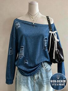 Lalippa Women's Asymmetrical Shoulder Distressed Design Casual Grunge Streetwear Daily Wear Top Night Out Blue Fall - Multicolor - View 3