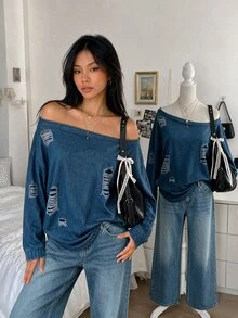 Lalippa Women's Asymmetrical Shoulder Distressed Design Casual Grunge Streetwear Daily Wear Top Night Out Blue Fall - Multicolor - View 1
