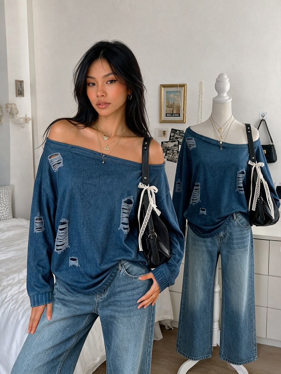Lalippa Women's Asymmetrical Shoulder Distressed Design Casual Grunge Streetwear Daily Wear Top Night Out Blue Fall - Multicolor - View 1