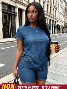 Rovax Plus Size Women's Denim Effect Short Sleeve Top And Shorts Casual Traditional 2 Pieces Set Formal Vacation Blue Summer - Multicolor - View 3