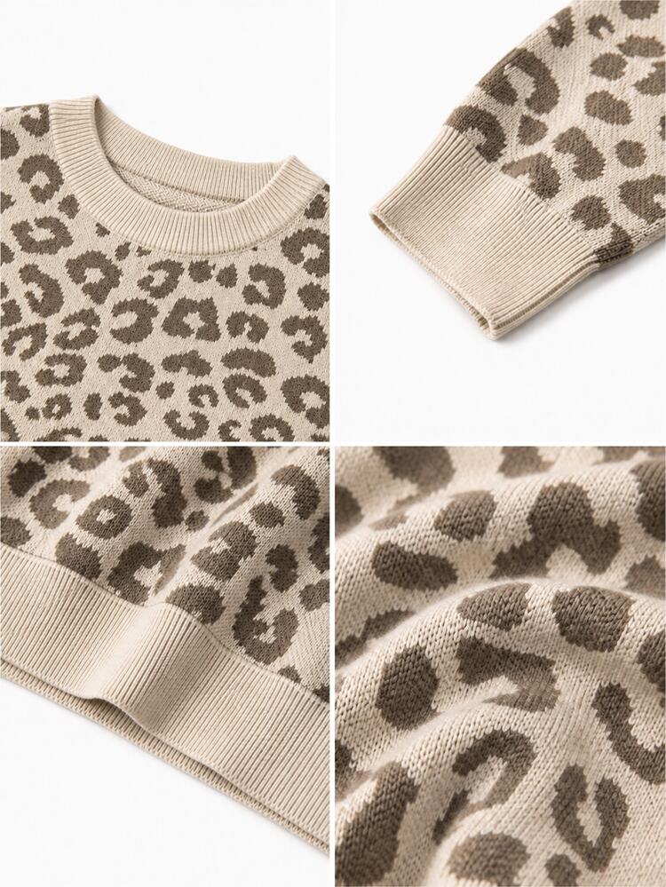SHEIN Women's Autumn/Winter Round Neck Pullover Leopard Print Animal Pattern Vintage Casual Loose Sweater And Long Pants 2 Pieces Set - Apricot - View 3