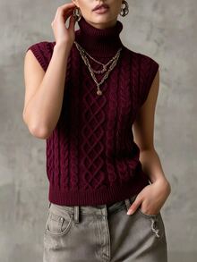 SHEIN Women's Solid Color High Neck Casual Daily Wear Knit Vest - Red Violet - View 4